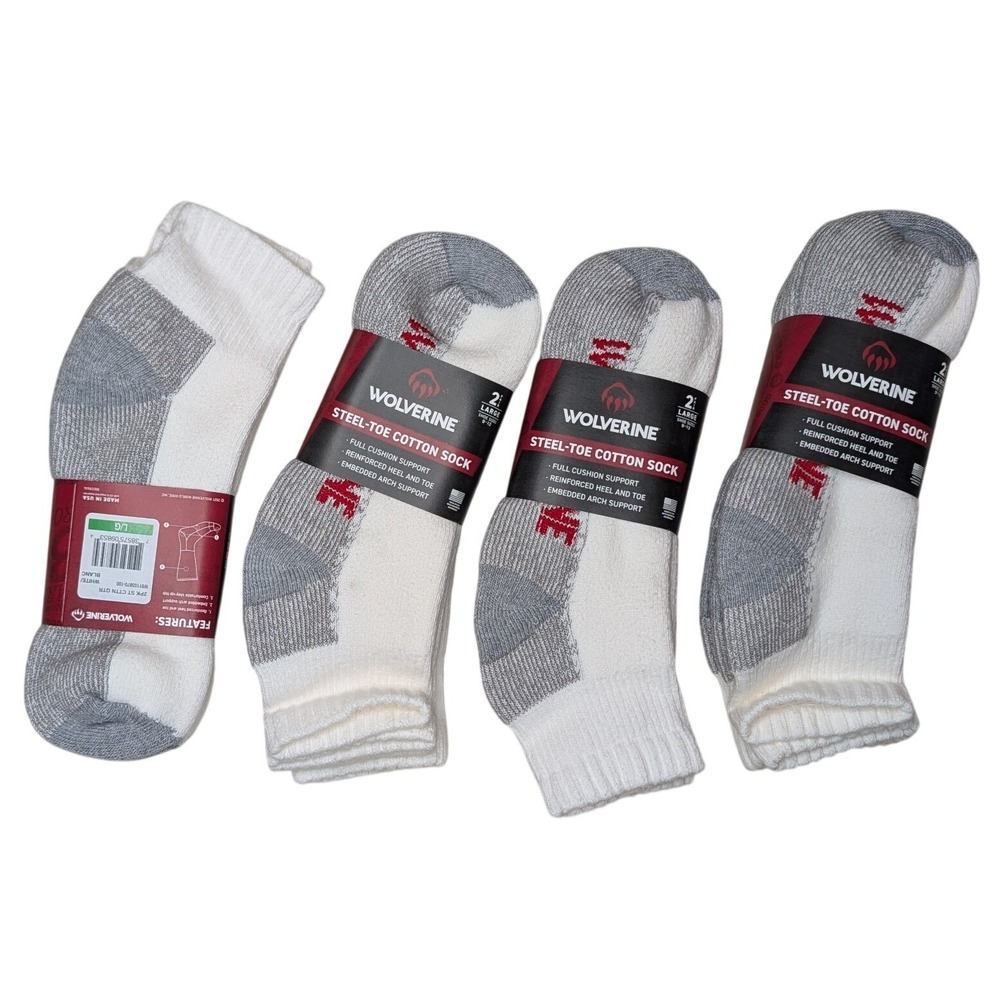 Wolverine Socks Mens Large White Steel-Toe Cotton Quarter 8 Pairs Total 4 Packs